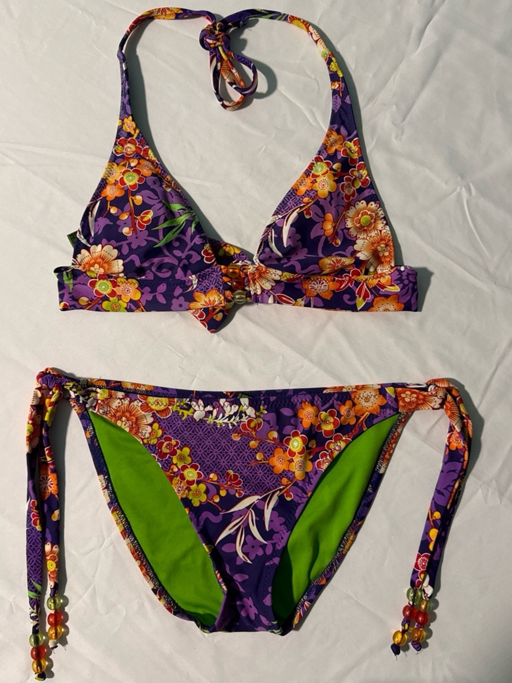 BECCA Purple Floral Halter Bikini with Orange Accents